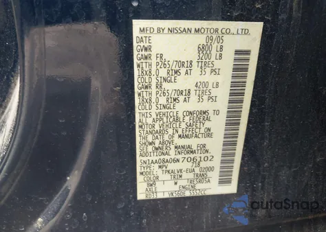 2006 Nissan Armada Le z USA, uszkodzony, nr VIN 5N1AA08A06N706102